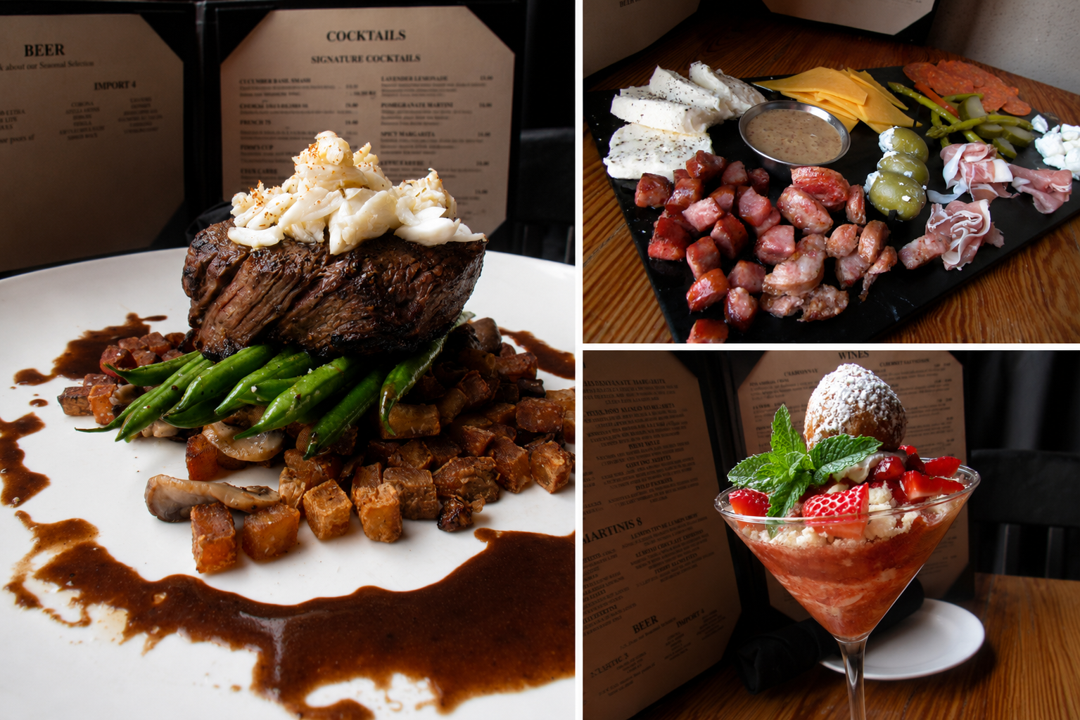 Restaurant Cote Food Photography Restaurant food photography featuring filet and crab, charcuterie board and Strawberry Short-tini