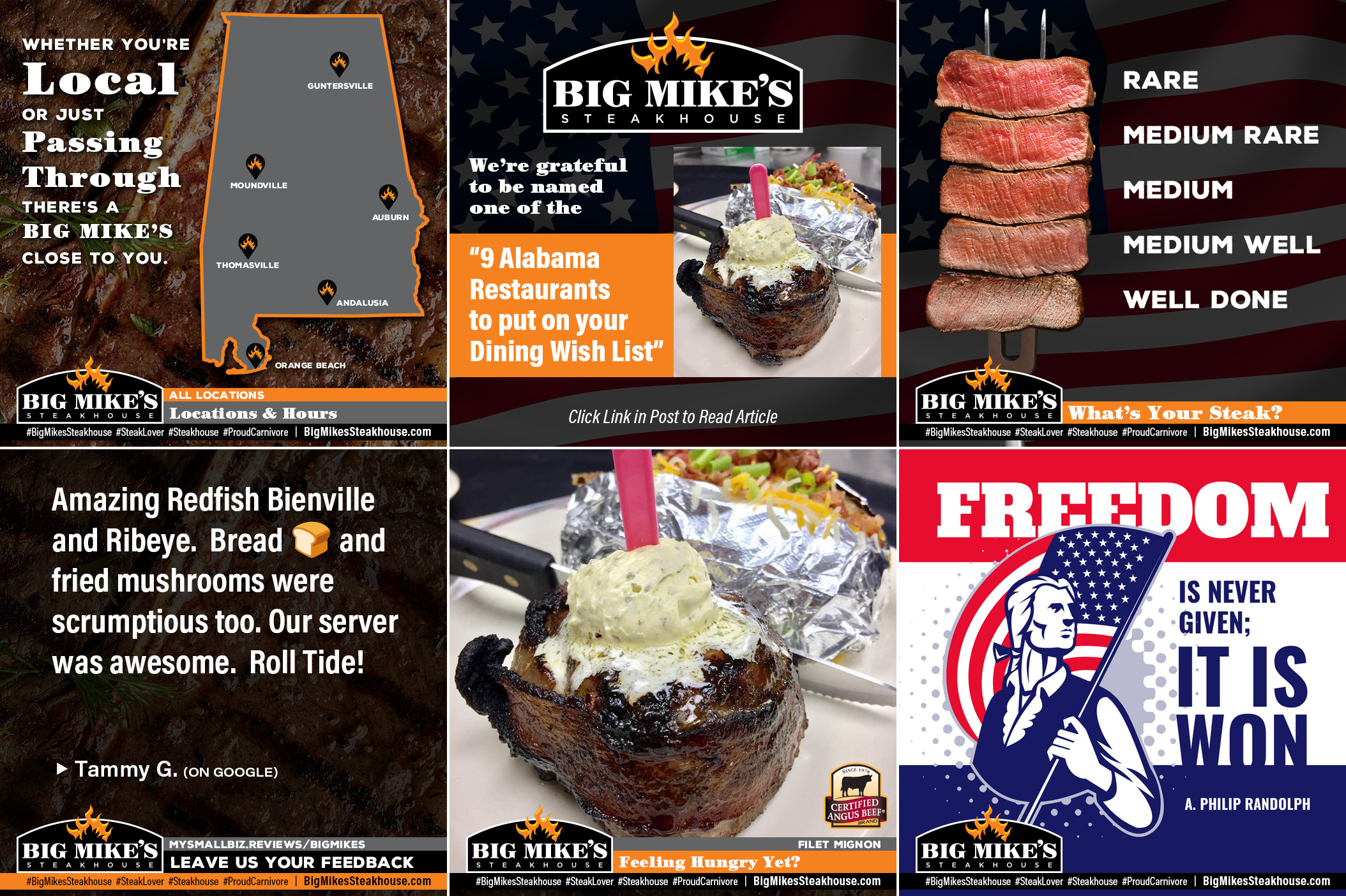 Big Mike’s Steakhouse Social Media Marketing Examples Big Mike’s Steakhouse social media marketing examples featuring food, restaurant locations, customer reviews, promotions and branded content.