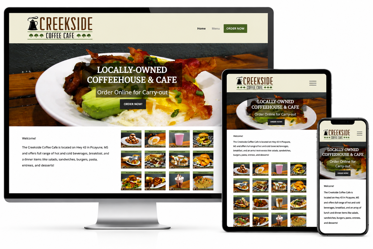 Creekside Coffee Cafe Responsive Website Design Creekside Coffee Cafe responsive restaurant website displayed on desktop, tablet and mobile devices.